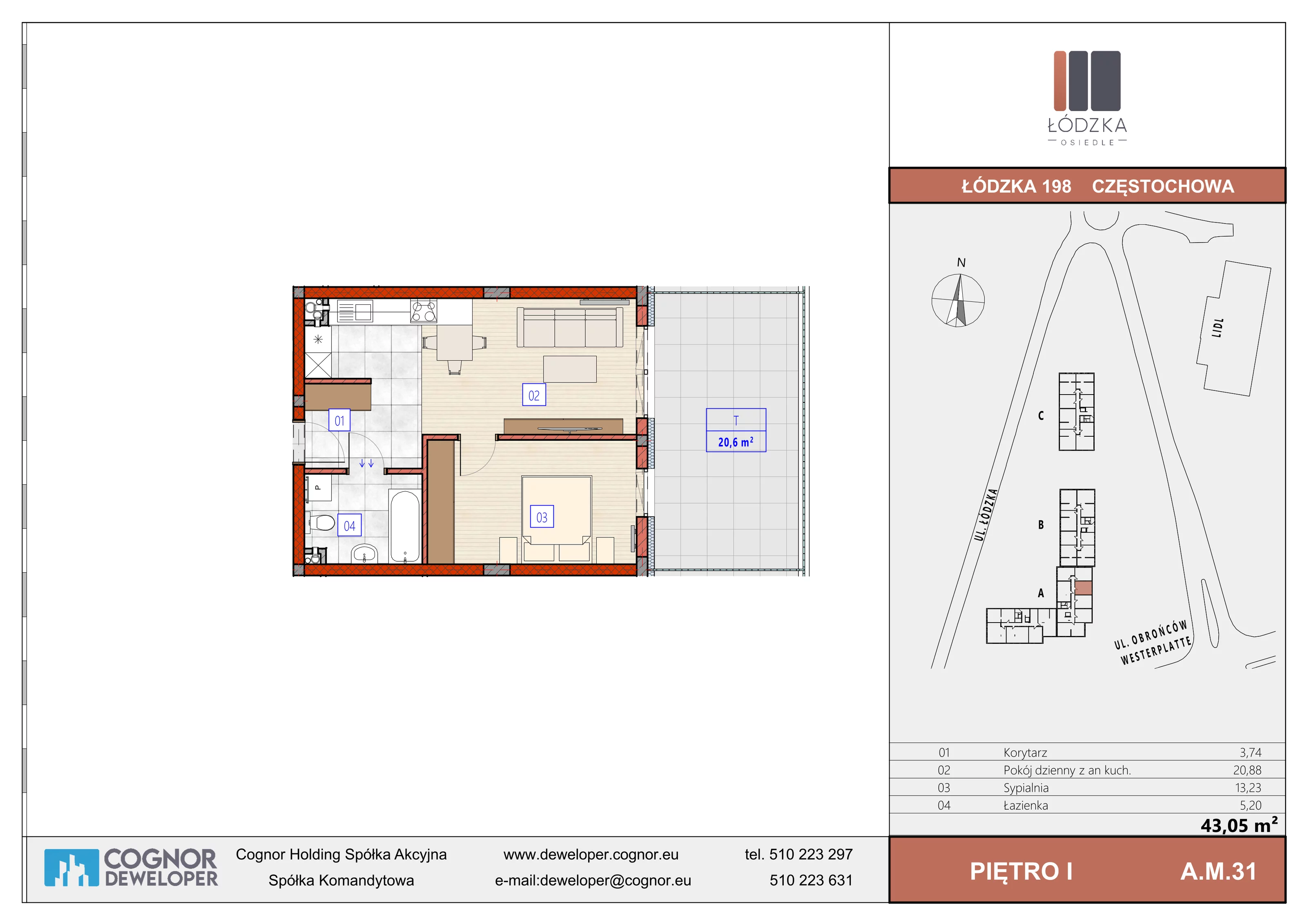 2 pokoje, mieszkanie 43,05 m², piętro 1, oferta nr A.M.31, Łódzka Osiedle, Częstochowa, Częstochówka-Parkitka, ul. Łódzka 198, 200, 202